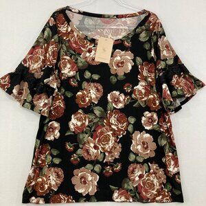 New SJS size 2X Dark Floral Ruffle Sleeve Soft Stretch Feminine Blouse Casual